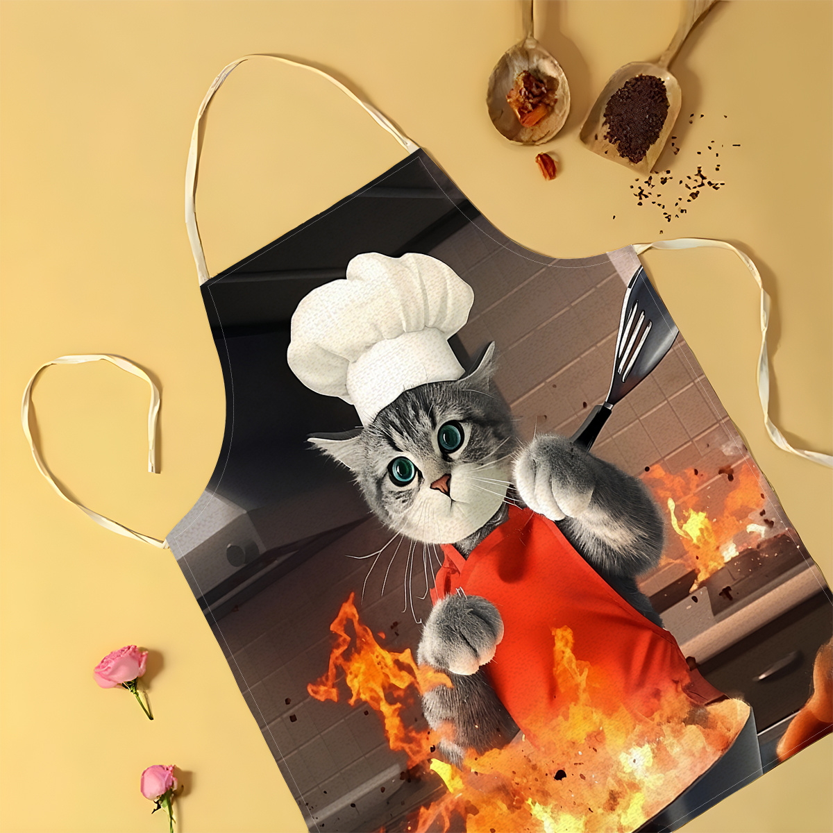 

1pc Linen Apron With Cat Print, No-sleeve Kitchen Apron, Oil-resistant, , For Home, Kitchen, Restaurant Use, Woven Cover, 1pc