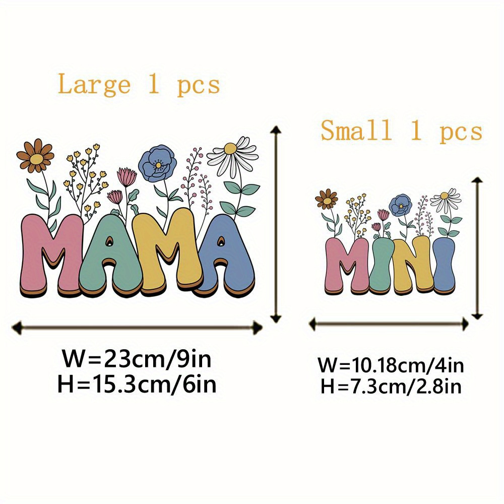 2pcs Vibrant Floral 'mama Mini' Iron-on Heat Transfer Patches For Diy T-shirts, Pillowcases & Jackets - Novelty Clothing Decor