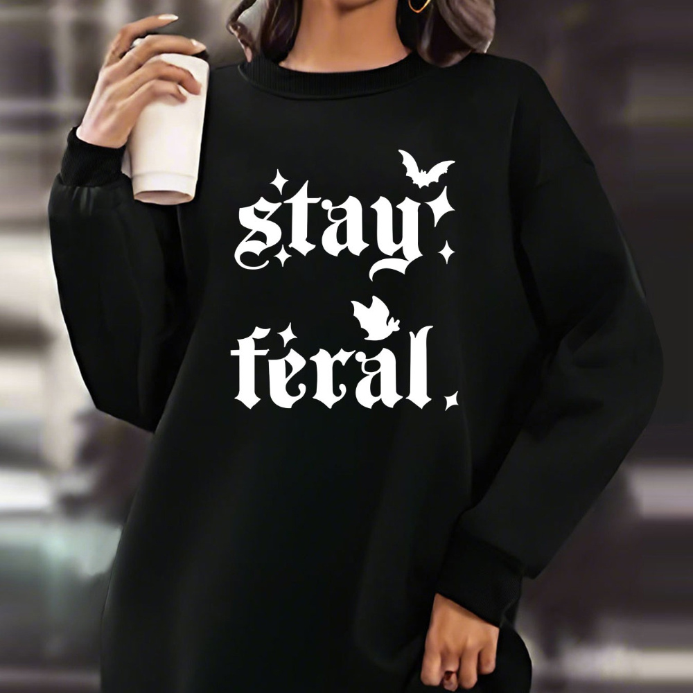 

Plus Size Bat & Letter Print Autumn/winter Casual Dress, Women's Long Sleeve Crew Neck Fleece Dress