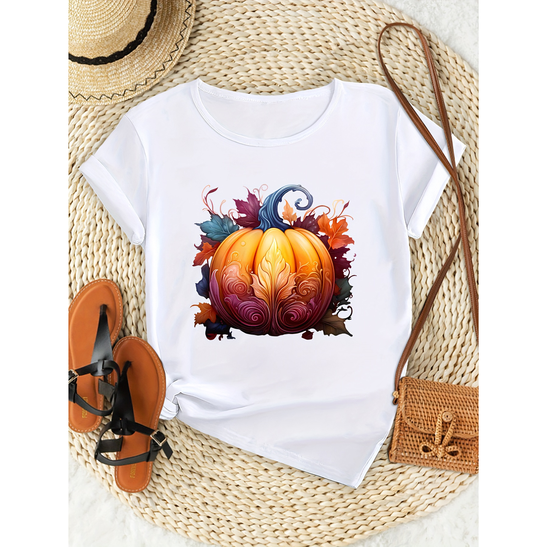 

Plus Size Casual Pumpkin Print Women's T-shirt, Round Neck, Short Sleeve, Loose Design, Breathable Soft Fabric, All-match Summer Top