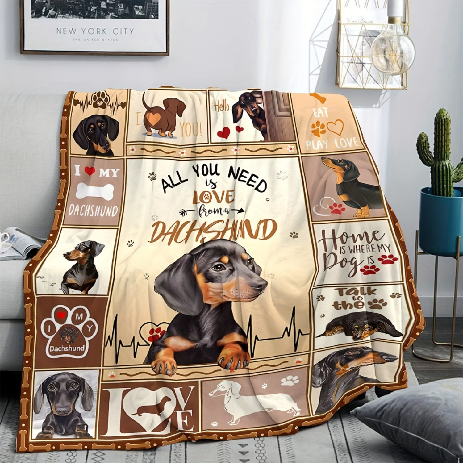 

1pc Cozy Flannel Dachshund Printed Blanket Shawl - Soft Skin-friendly, Casual, Multi-purpose Throw For Sofa, Lunch Break, And Nap - Vibrant Colors, Gentle On Skin, Easy Care