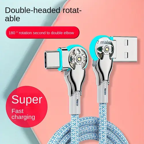 1 2pcs fast charging data cable 90 degree cable 6 56ft 2m angle type c with light double elbow rotation 65w flash charging is suitable for phone samsung car universal android mobile phone charging cable
