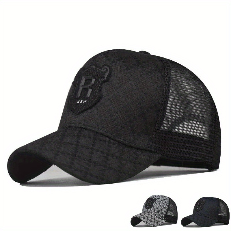 

Outdoor Fashion Embroidered R Baseball Cap Unisex Plaid Duckbill Mesh Hat Breathable Cotton Blend Woven Fitted Cap With Adjustable Strap - Hand Washable