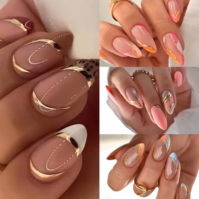 

96 Pieces With Line Stripe Almond Wear Nail, Almond Color Gradient And Wear Nail, 4 Mixed Style Color Stripe Fake Nail Patches, Suitable For Women