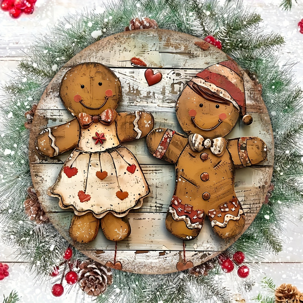 

Charming Gingerbread For Man Wooden Signs - 8" Round Rustic Wall Decor For Christmas, Garden, Porch & Party - No Power Needed,