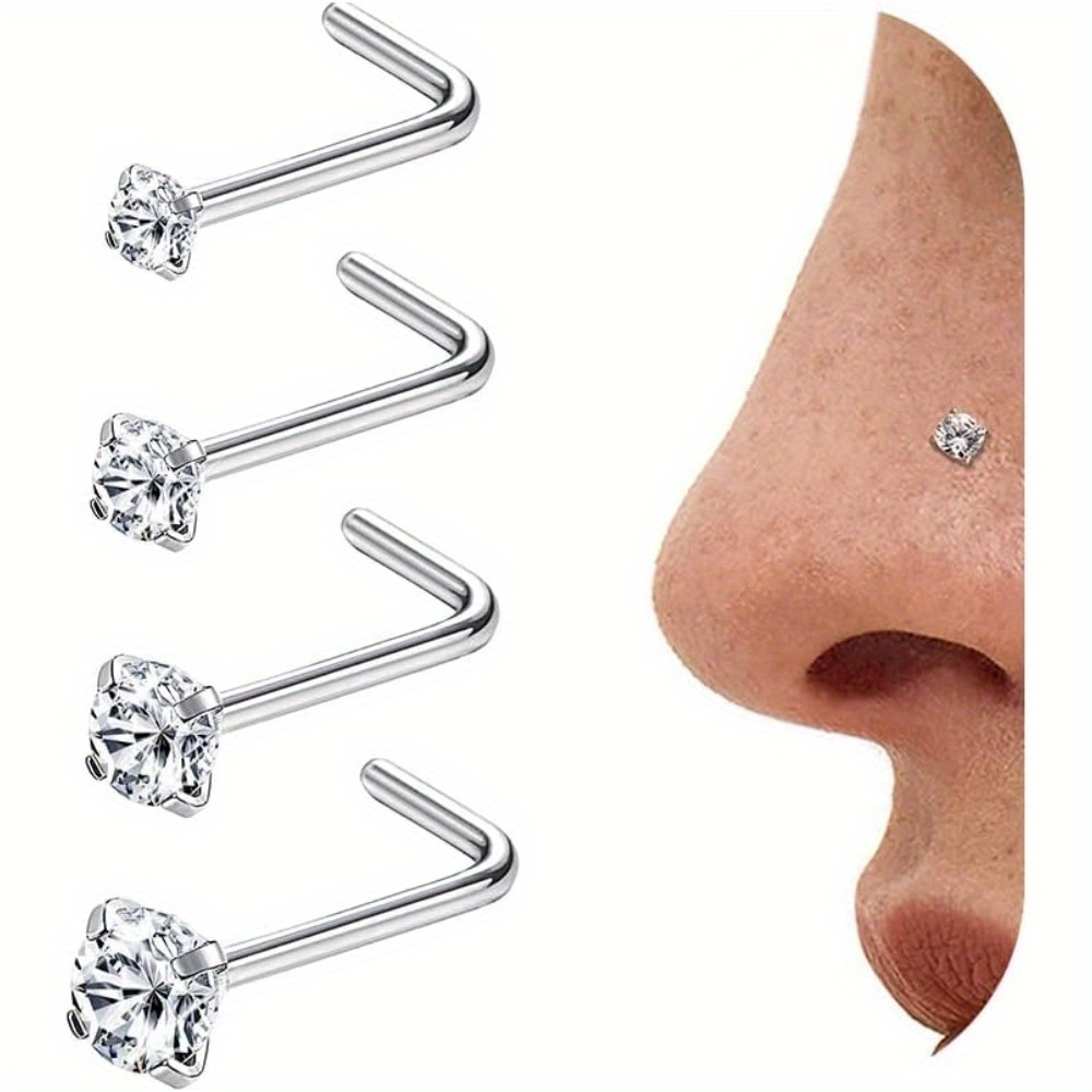 

4pcs Hypoallergenic Stainless Steel Nose Rings - L-shaped, Straight & Curved Designs With Sparkling Cubic Zirconia - Nickel- Piercing Jewelry For Men And Women