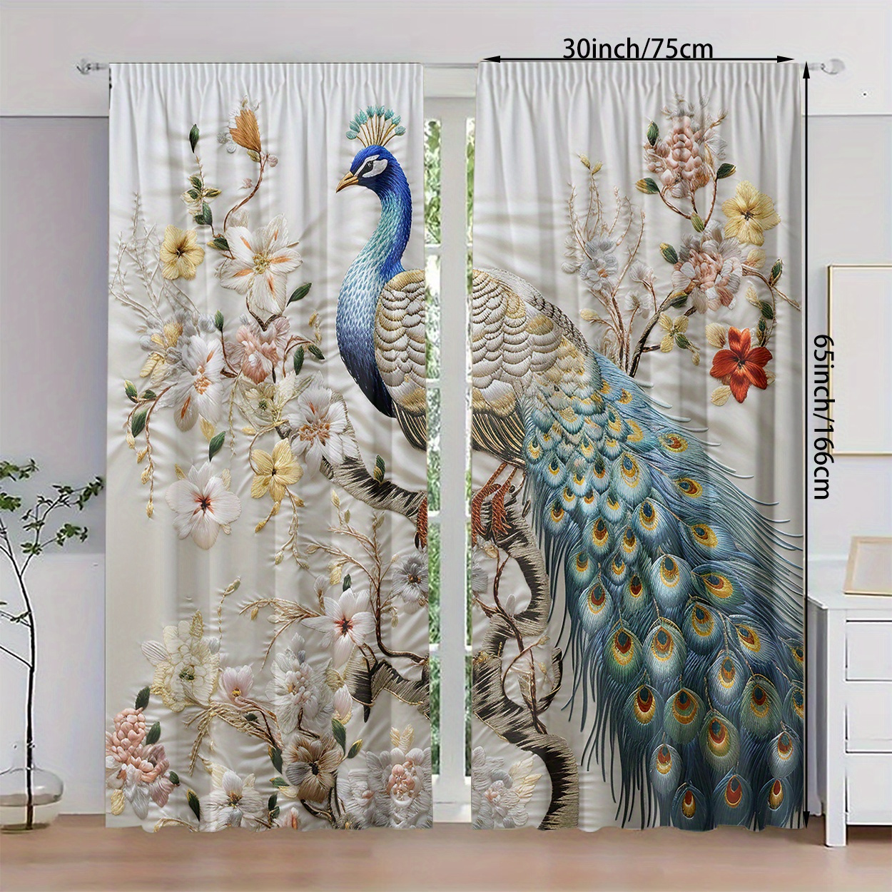 TEMU 2pcs Set Embroidery Print Curtains - Light , Rod For Bedroom, Room, Decor - Durable , Washable