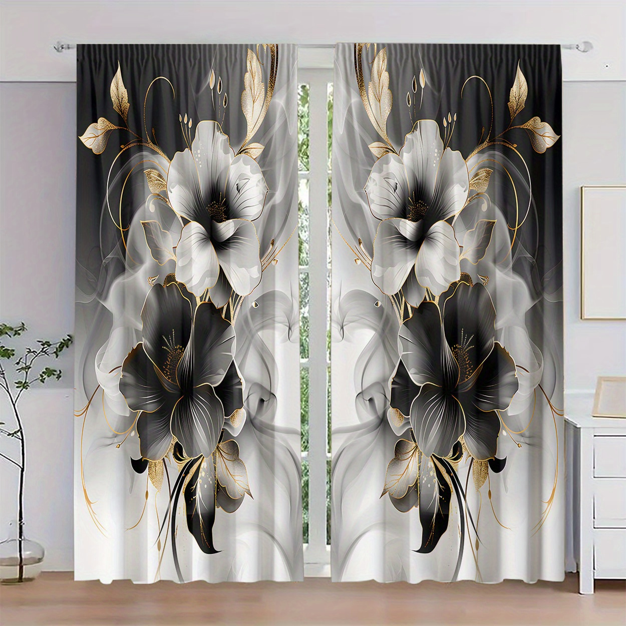 

2pcs, Polyester Material, High Digital Floral Theme Pattern Print, Light Filtering Curtain, Suitable For Bedroom, Living Room, Office And Home Decoration, Pole , Suitable For Pole Installation