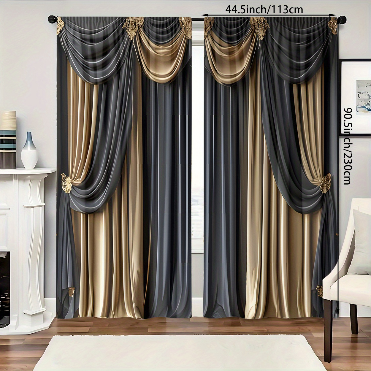 TEMU 2pcs European- Print Curtains - Light-, Rod For Bedroom, Room & Decor, - Polyester ,