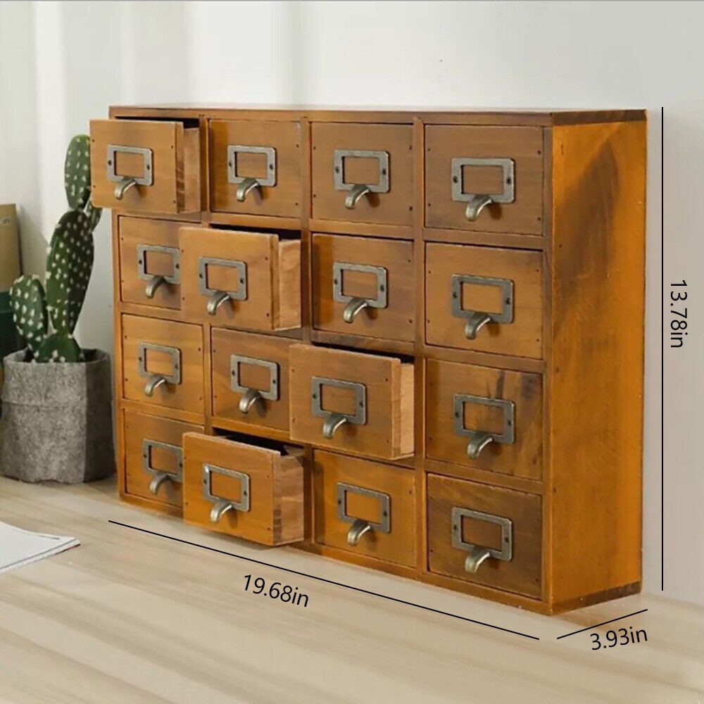 

16 Drawers Vintage Wood Medicine Cabinet Label Holder Card