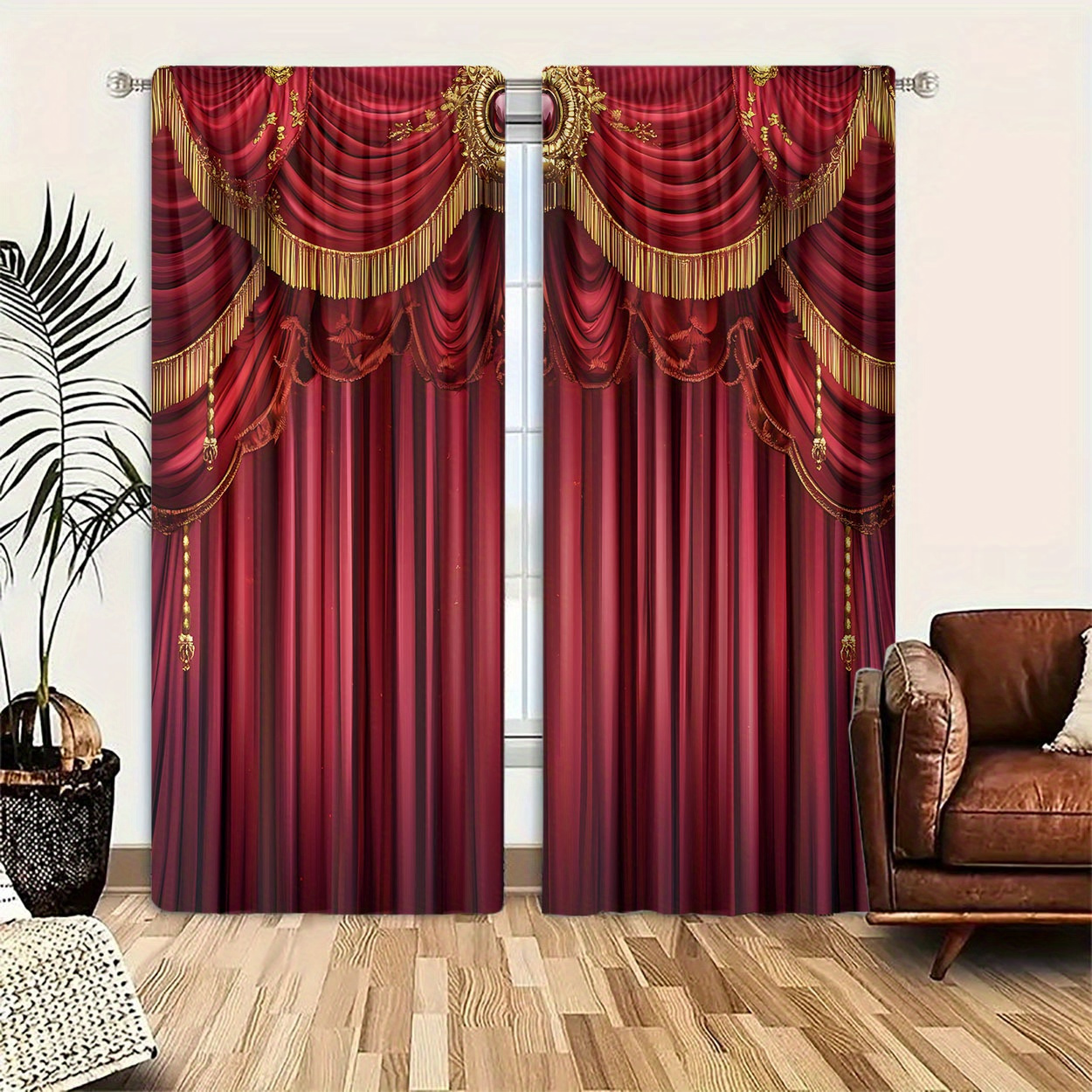 

2pcs Red Curtains Hd - , Rod For , , Decor - Polyester,