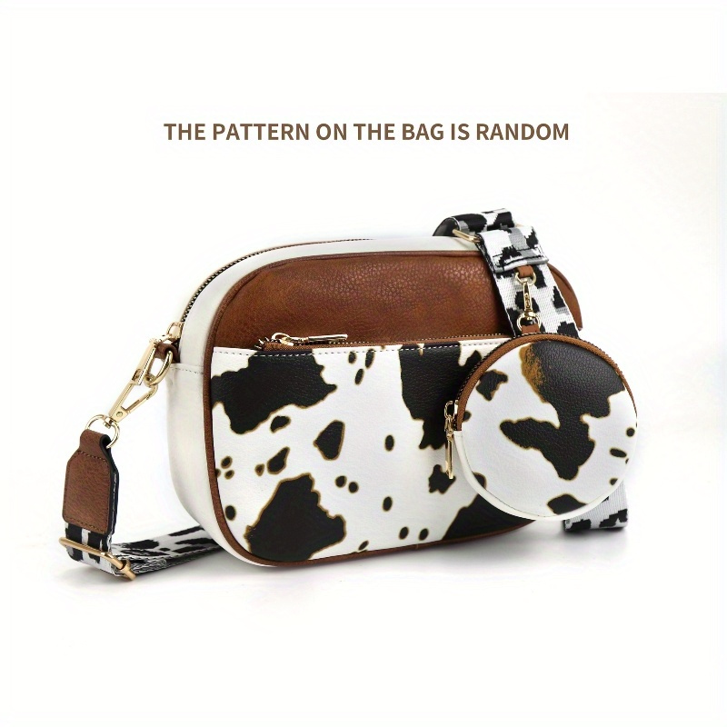 

Colorblock Retro Shoulder Bag, Zipper Shoulder Strap Crossbody Design, Cow Pattern Fashionable Multifunctional Wallet Room Bag