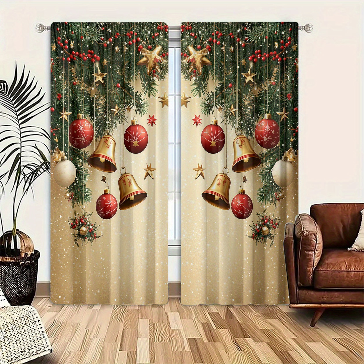 

2pcs Christmas Decor Curtains - Hd , Polyester Drapes For , , - Rod ,