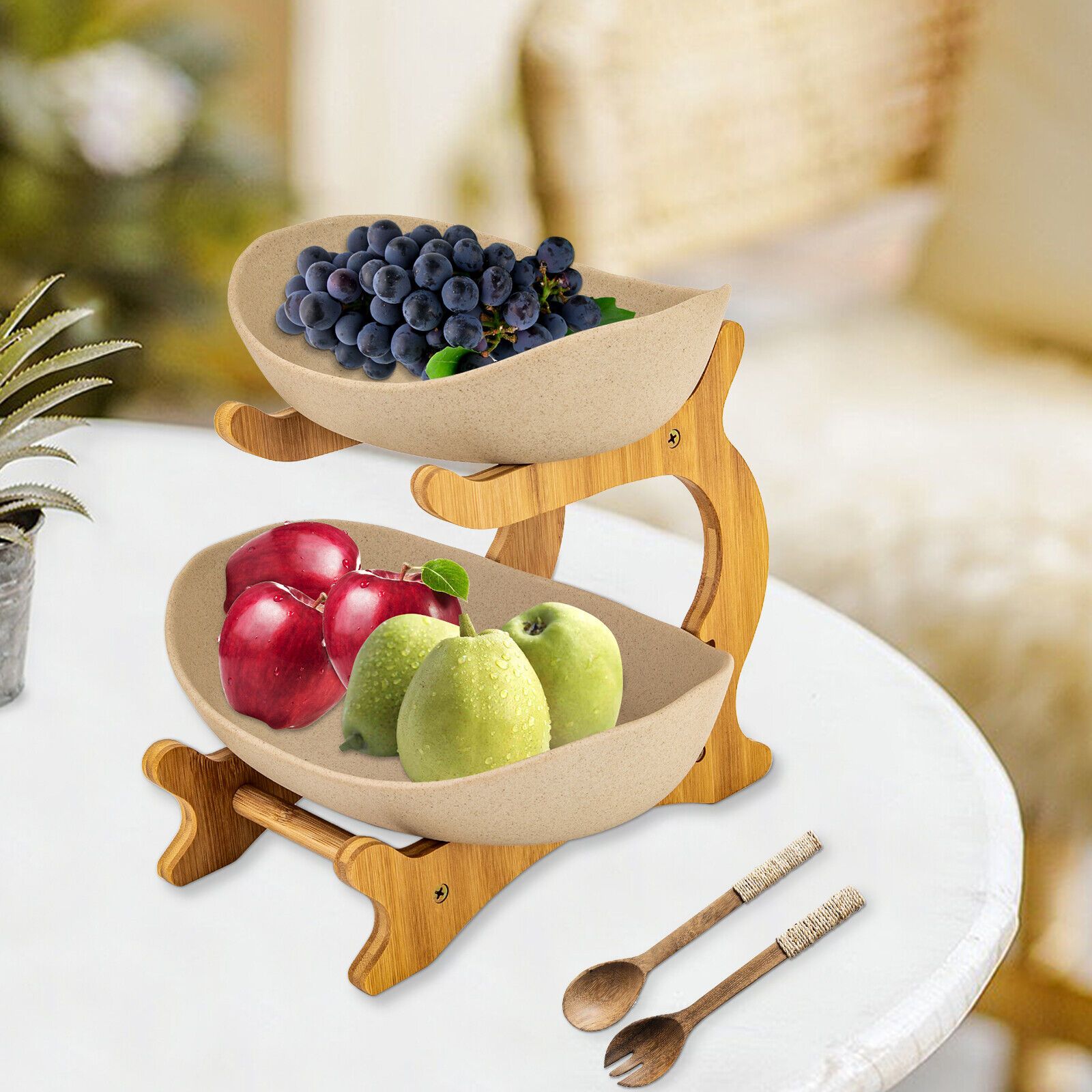 

2 Tier Fruit Bowl For Kitchen Counter Khaki Ceramic Fruit Basket With Bamboo Stand Tiered Fruit Holder Stand Fruit Plate For Fruit, Snack, Nuts, Cake, Dessert (2 Tier Khaki)