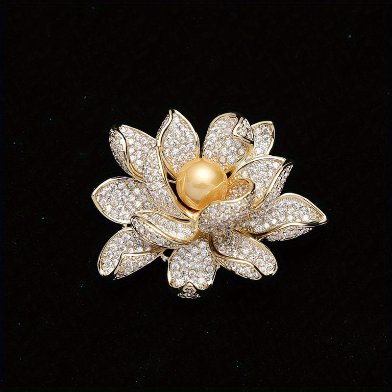 

Elegant Lotus Flower Brooch Pin With Rhinestones And Pearl - Accessory For Women