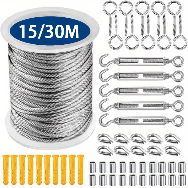 

30m Stainless Steel Wire Rope Kit, Heavy Duty Cable For Garden, Balcony Railing, Farm Fencing, Tent Support, 304 Pvc-coated Metal Material With Turnbuckles And Hooks