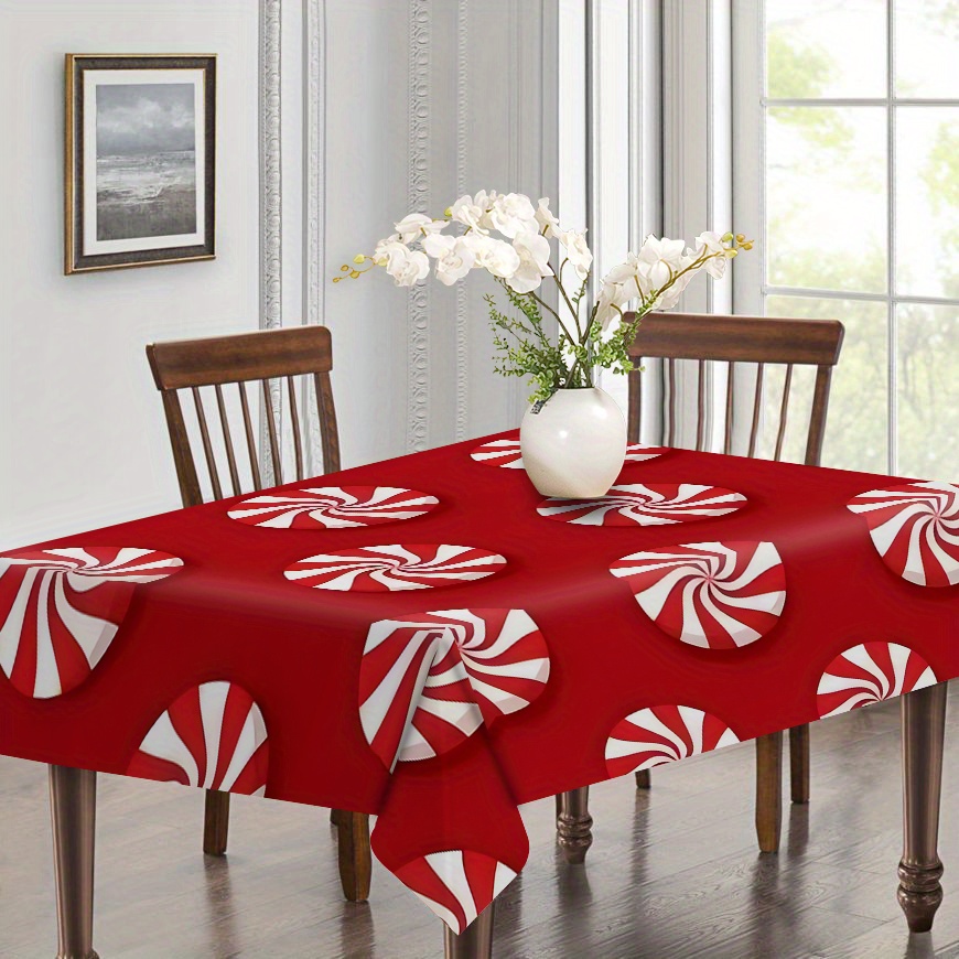 TEMU Christmas Theme Peppermint Print Tablecloth - 1pc, 100% Polyester Woven, Machine Made Rectangular Table Cover For Dining, Party, And Holiday Banquet Decoration, Reusable And Wipeable