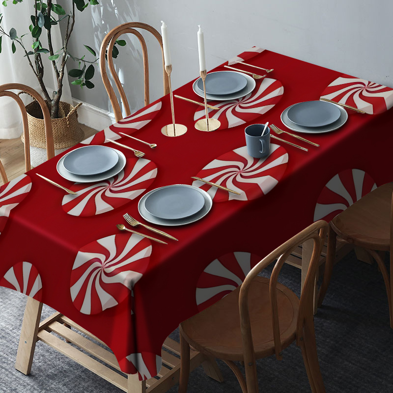 

Christmas Theme Peppermint Print Tablecloth - 1pc, 100% Polyester Woven, Machine Made Rectangular Table Cover For Dining, Party, And Holiday Banquet Decoration, Reusable And Wipeable