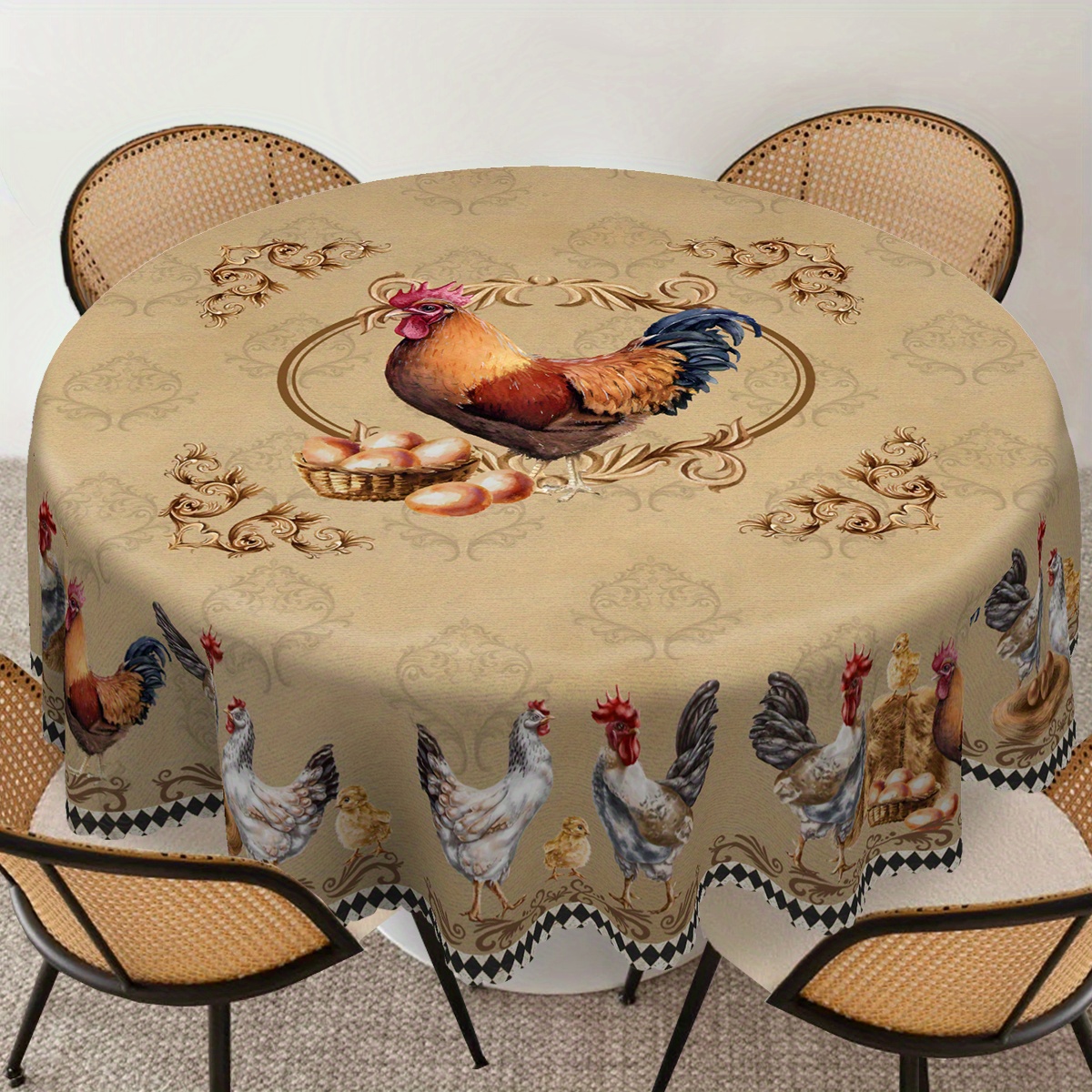 

1pc, Tablecloth, Vintage Chicken Round Table Cloth, Farmhouse Style Rooster Table Cover, Animal Theme Decorative Table Cloth, Waterproof Wrinkle-resistant -resistant Table Cover