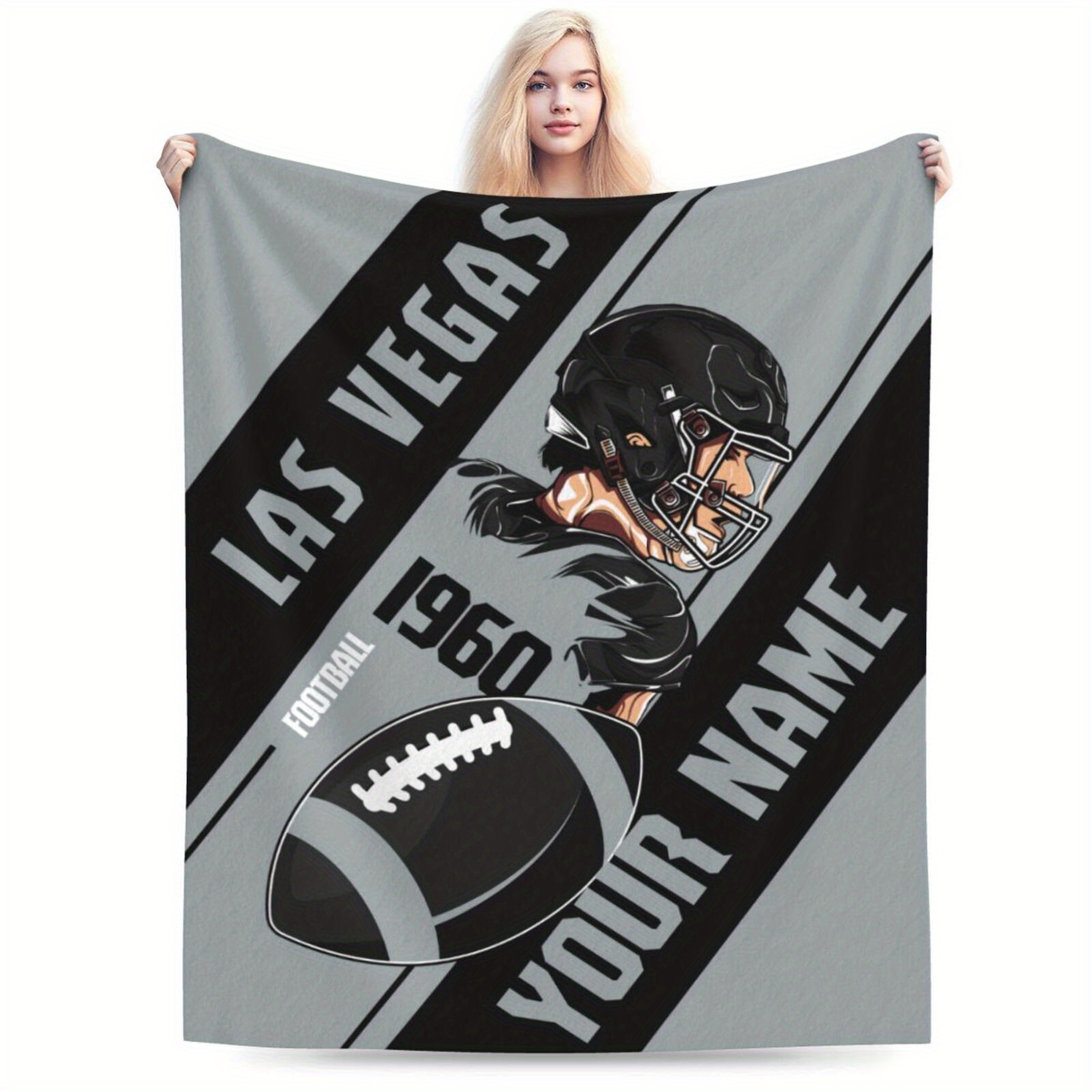 

Customizable Las Vegas Football Blanket, Personalized Name Knit Fabric Fleece Throw, Soft Polyester Blanket For Fans, Power-free Cozy Sport Themed Bedding & Home Decor