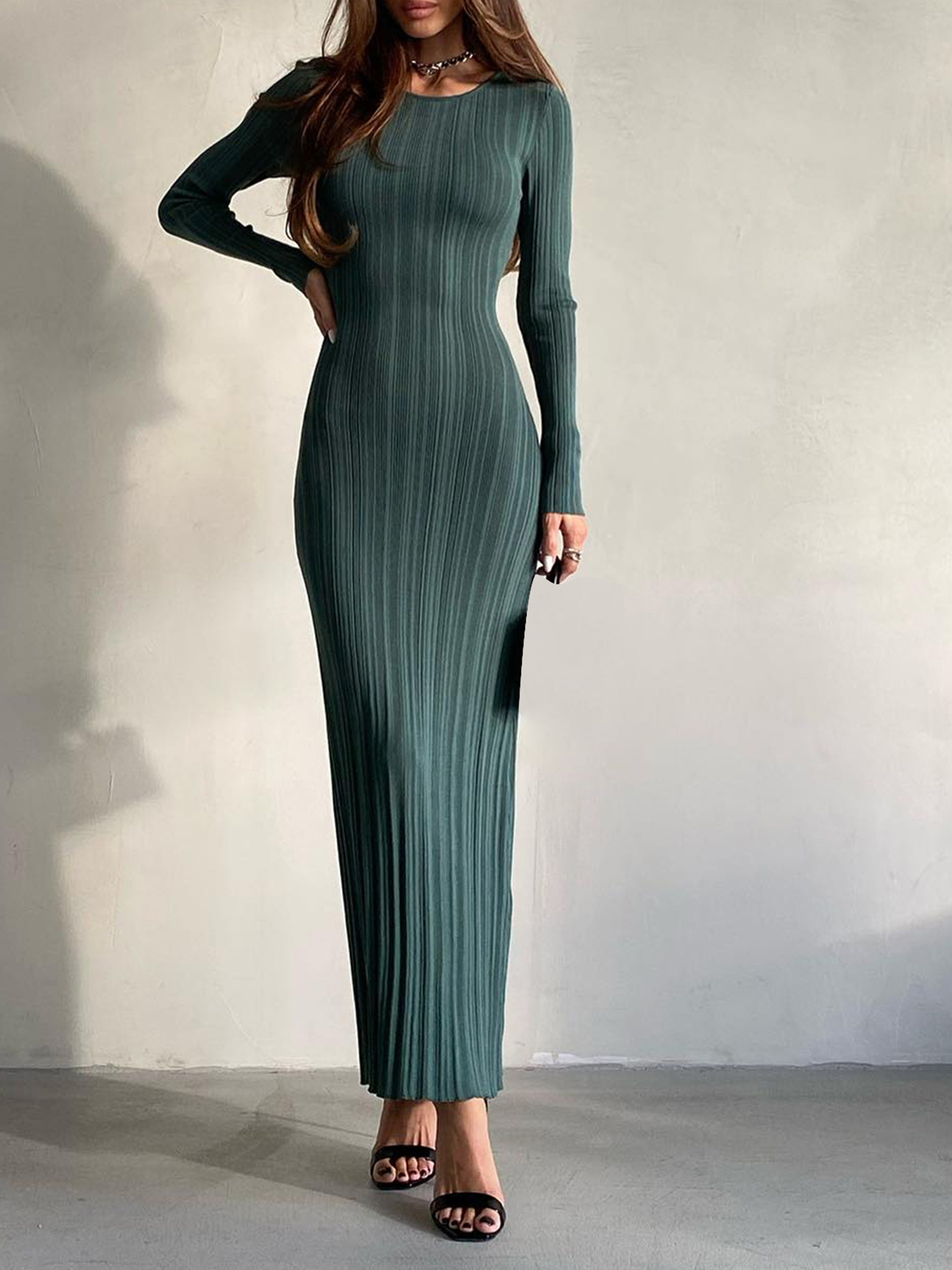 elegant womens knit dress long sleeve crew neck fit - Temu