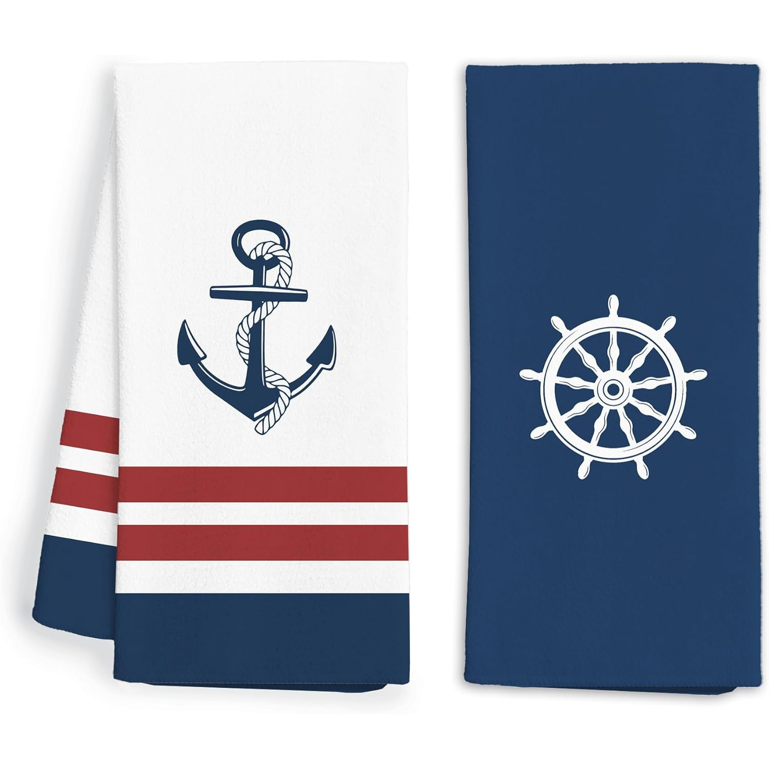 

2-pack Nautical Kitchen Towels, 18x26 Inches, Polyester, Cartoon Anchor & Wheel Design, Machine Washable, Rustic Striped Dish Towels For Home & Bathroom Decor