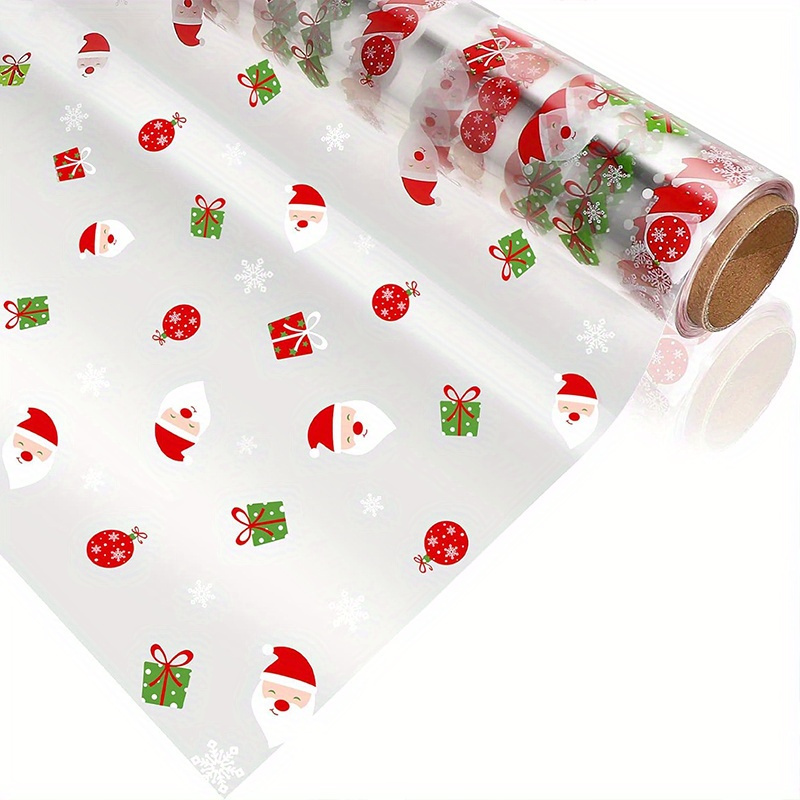 

Holiday-themed Cellophane Gift Wrap Roll - Transparent 2.5 Mil Thick Wrapping Supplies With Santa & Snowman, Festive Decoration For Crafting, 39.88cm X 30.48m