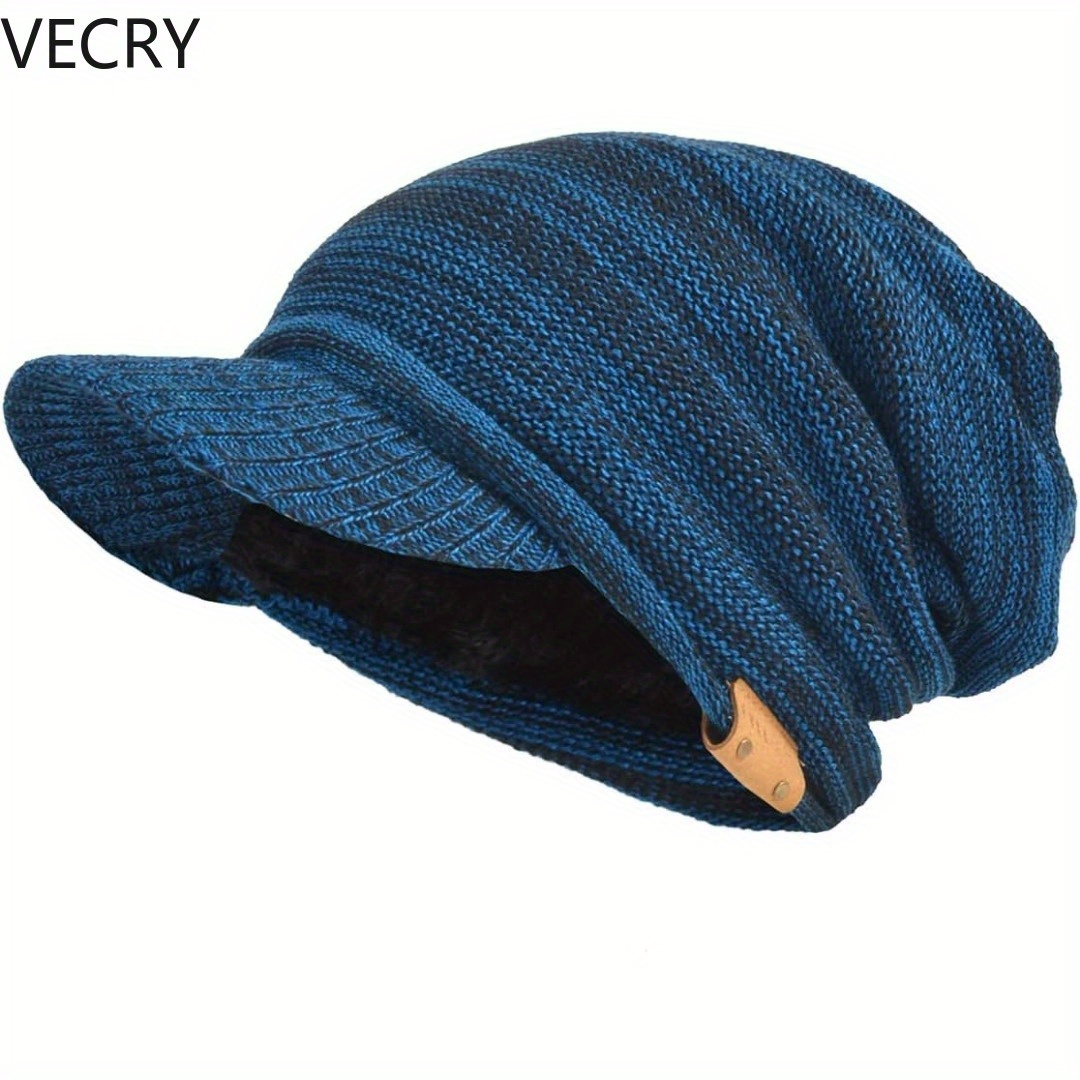 

Vecry Mens Visor Beanie With Brim Winter Hat Knitted Thick Fleece Beanie With Bill