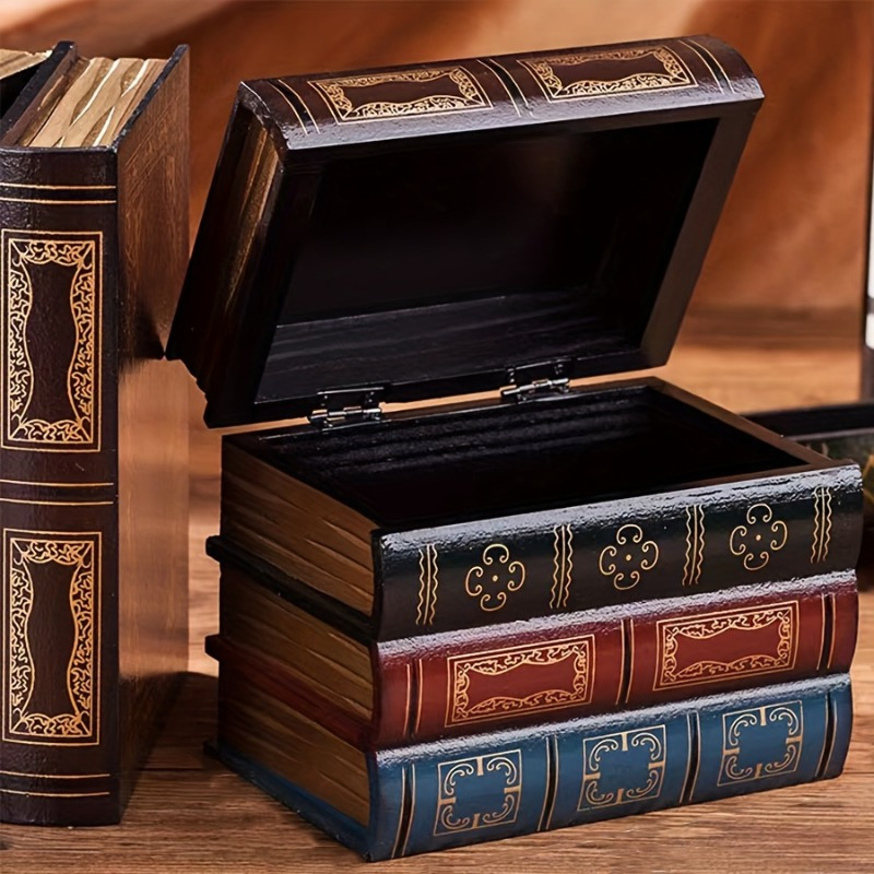 

Vintage-style Faux Book Stackable Storage Box With Lid – Elegant Wooden Decorative Office Organizer Crate