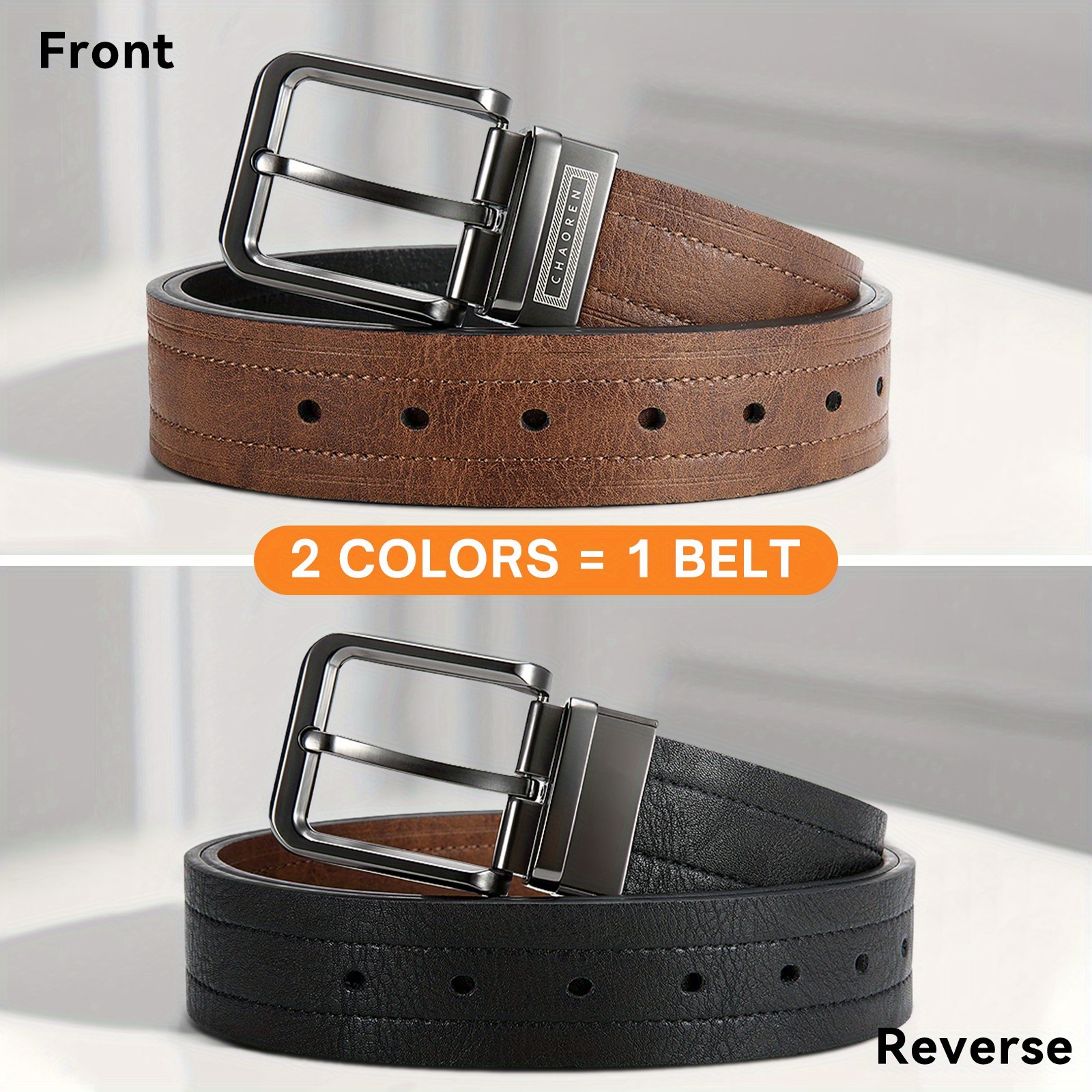 

1pc Chaoren Reversible Men Belt - 1 1/ 2" Mens Belt Leather For Dress Pants Jeans - 2 Styles In 1 Belt