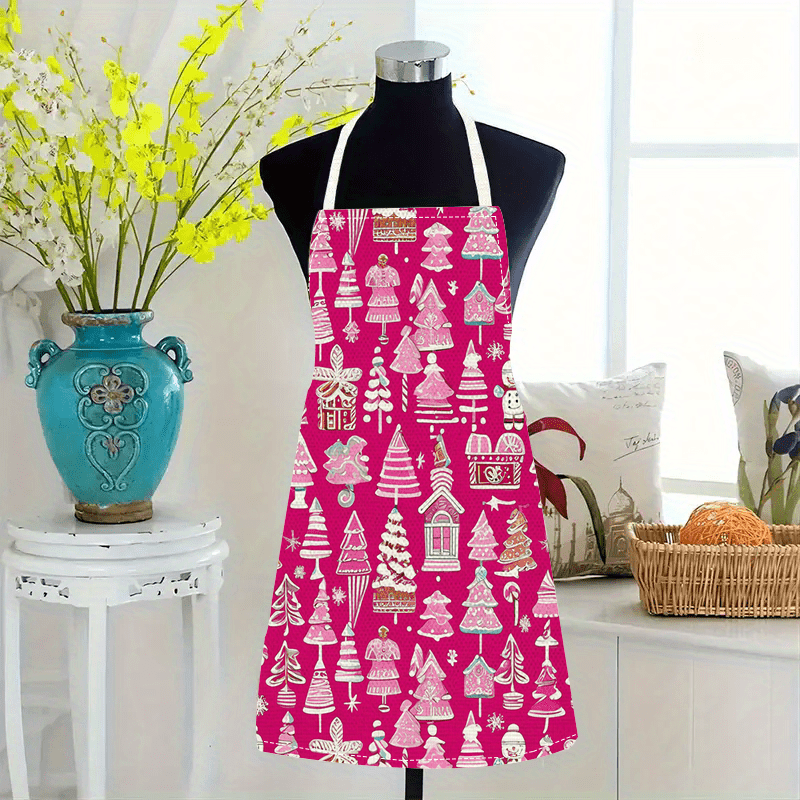 

Christmas Holiday Themed Linen Apron - 1pc Pink Sleigh, Snowflake, Christmas Tree, Gingerbread Man Printed Kitchen Apron, Durable Woven Fabric, No-sleeve Home Cooking Apron Accessory