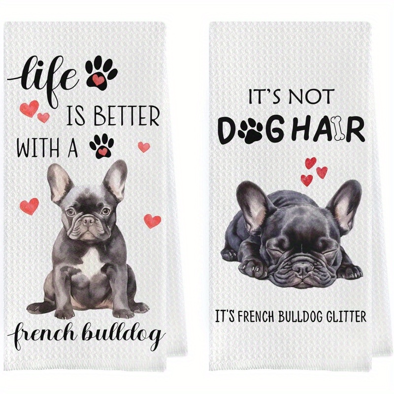 

2-piece French Bulldog Kitchen Towels Set - Woven Polyester Dish Cloths, Contemporary Style, Fantasy Dog Theme, Super Soft, Machine Washable, Oblong Shape Hand Tea Towels For Kitchen