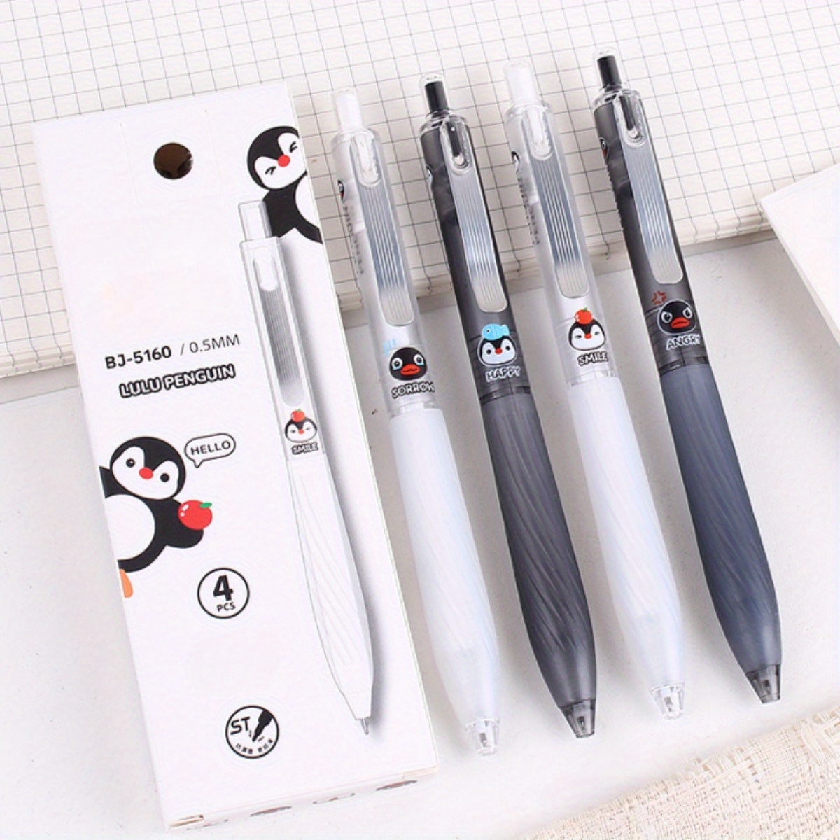 

4-pack Penguin Pens With Metal Clip, 0.3mm Fine Point, Smooth Writing, Durable And Comfortable For Office And Study Use