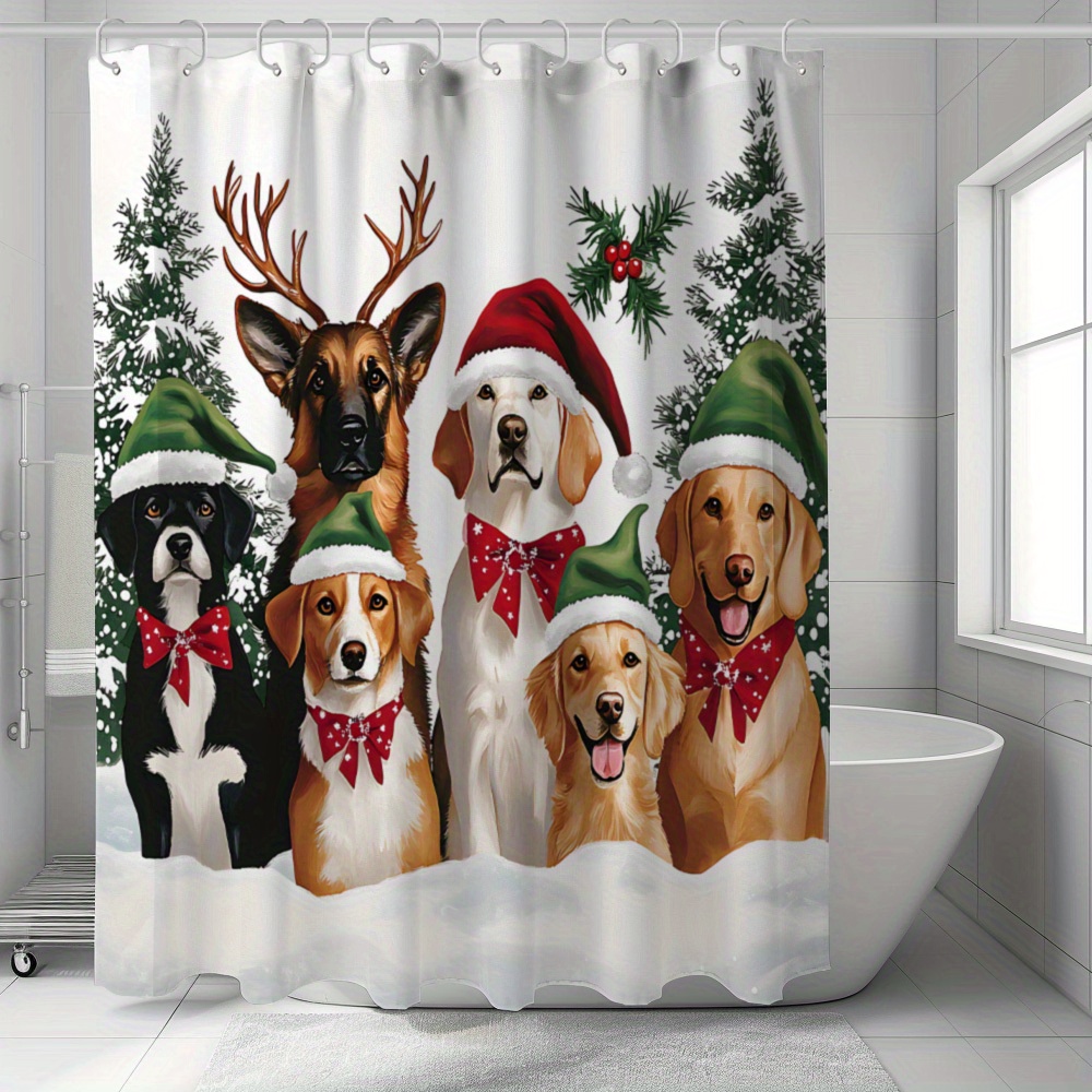 

1pc Shower Curtain, Waterproof Polyester, Cartoon Animal Pattern, Satin Weave, Machine Washable, Easy-care With 12 Hooks, Perfect For Christmas Home Bathroom Decor