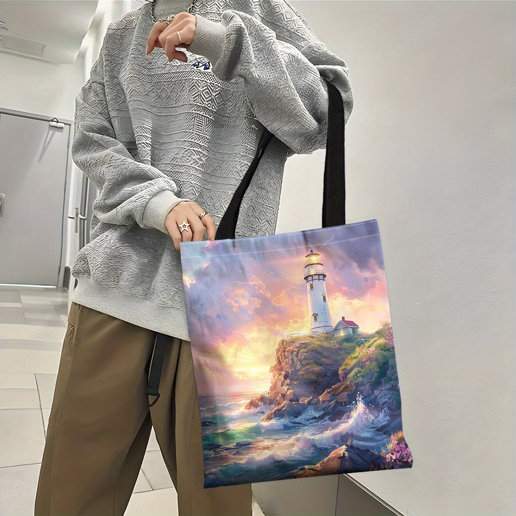 

Polyester Casual Shoulder Bag With Lighthouse Sunset Print - 25cm Strap, Machine Washable Tote With Versatile Uncharged Design For Everyday Use