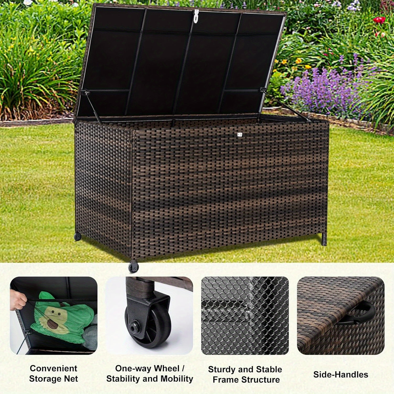 

132 Gallon Resin Deck Box, Waterproof Large Outdoor Storage Box With Padlock For Patio Furniture And Garden Tools, Black