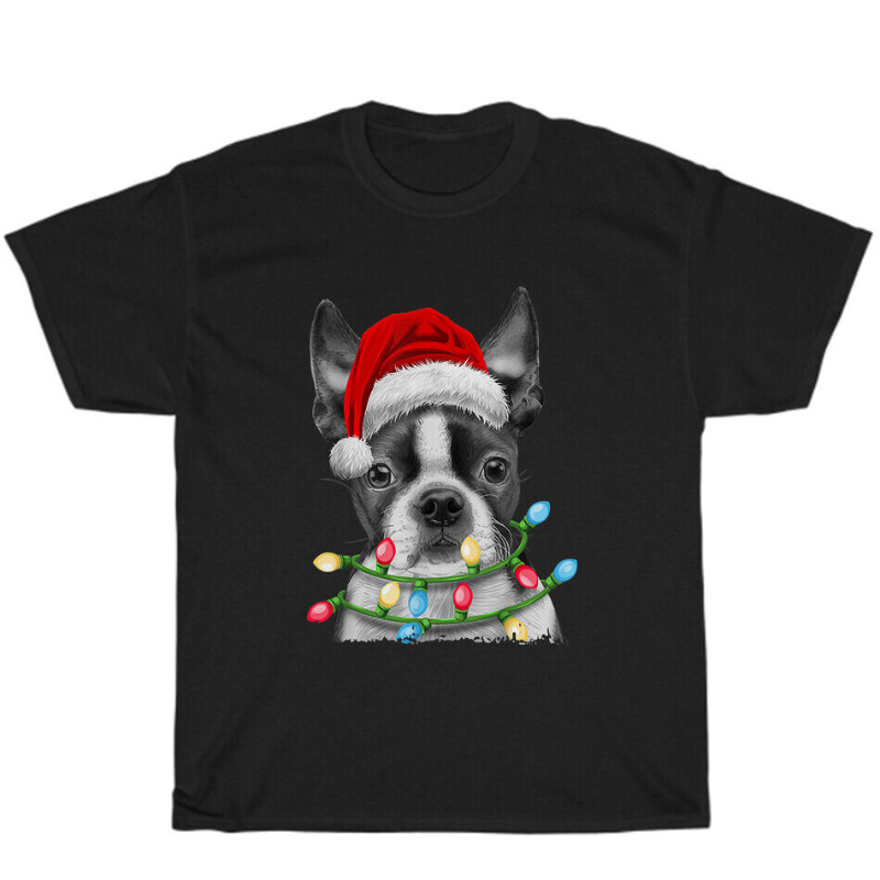 

Boston Terrier Santa Christmas Tree Lights Unisex Gift Casual Summer Tee Soft Breathable Mens Print T-shirt Cotton