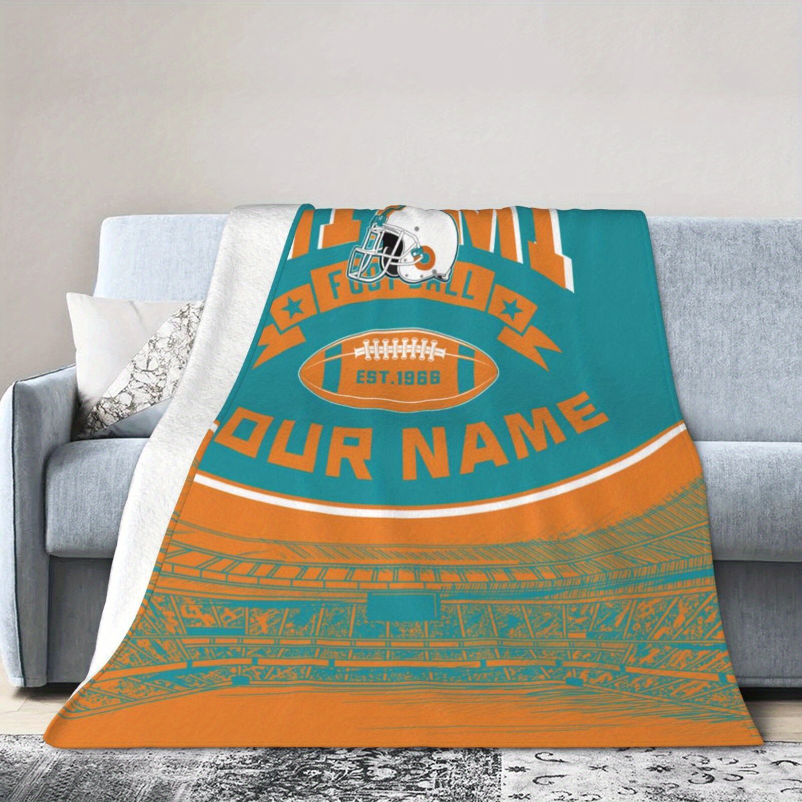 

1pc Customizable Miami Football Polyester Throw Blanket - Rectangular, Soft Plush, Lightweight, Warm For All , Fan Gift Without Batteries