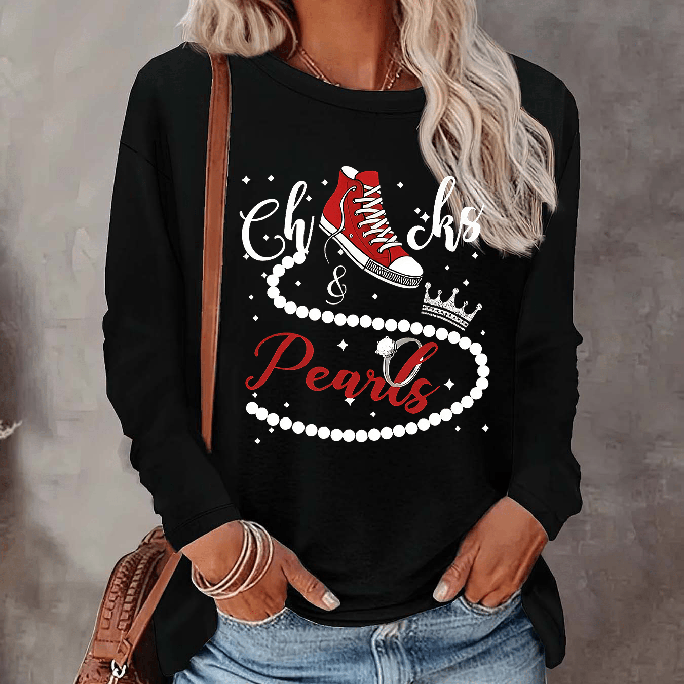 

Women's Casual Crew Neck Long Sleeve T-shirt With 'chucks & Pearls' Graphic | Polyester Knit Fabric With Medium Stretch | Classic Pullover Style Top For All Seasons