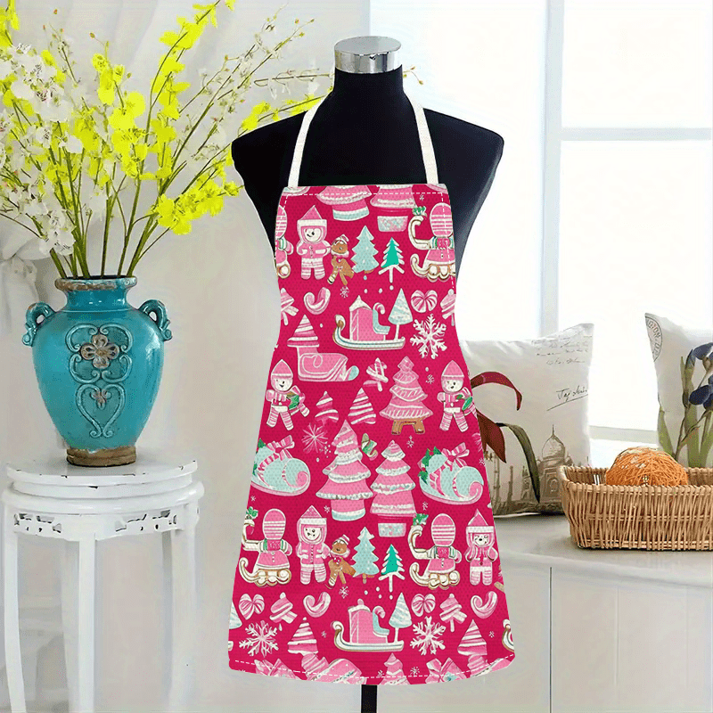 

1pc Pink Christmas Tree & Gingerbread For Man Linen Apron - , Sleeveless Kitchen Wear For Cooking And Baking, Best For Christmas