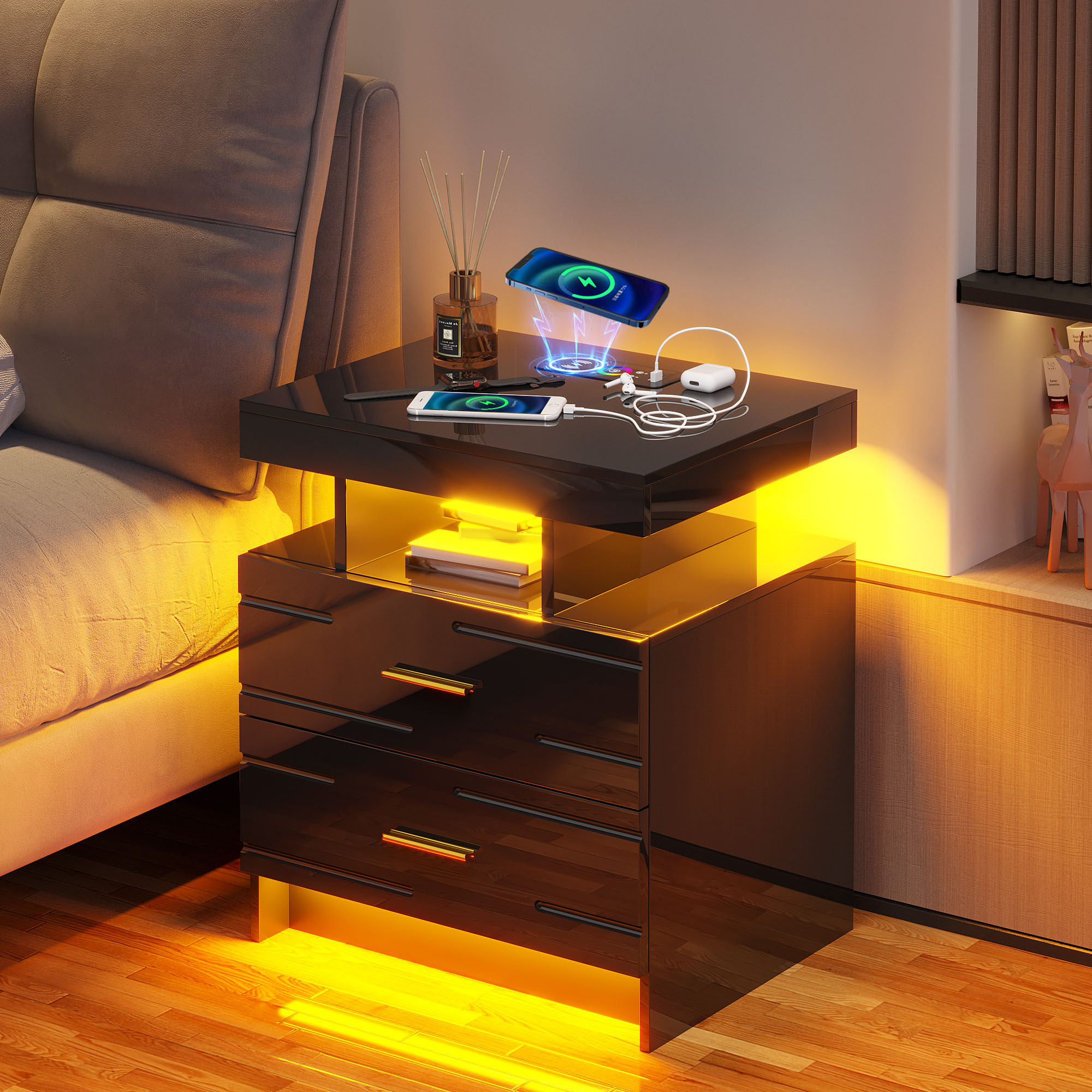 TEMU Hwb Led Nightstand With Motion Sensor Lights, Modern Bedside Table With Wireless Charging Station, Stand With Drawers/ Rgb Lights, High Gloss Bed Side Table For Bedroom/ Living Room