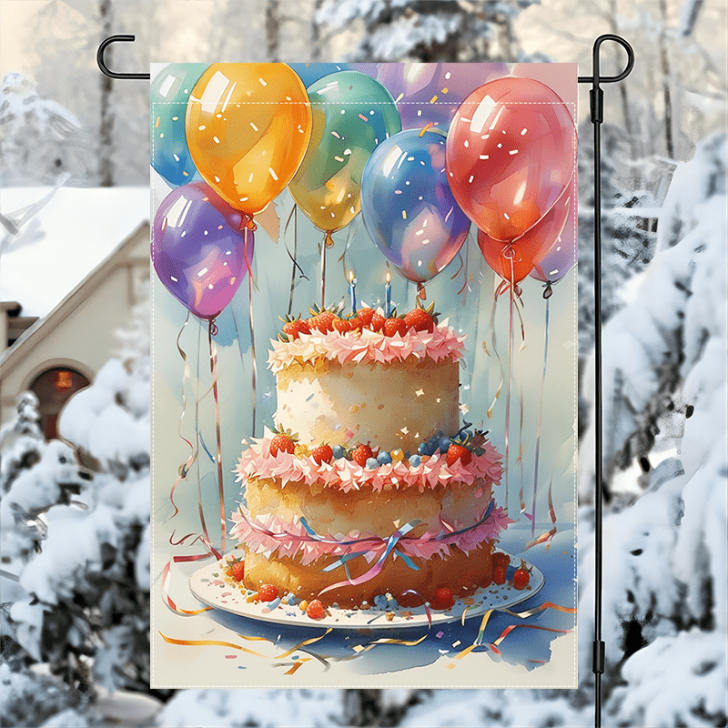 

Birthday Banner - Double-sided Polyester Burlap Yard Display With Vibrant Cake & Balloon Illustration, , Machine Washable, Multipurpose Use - 12x18 Inches (1pc)