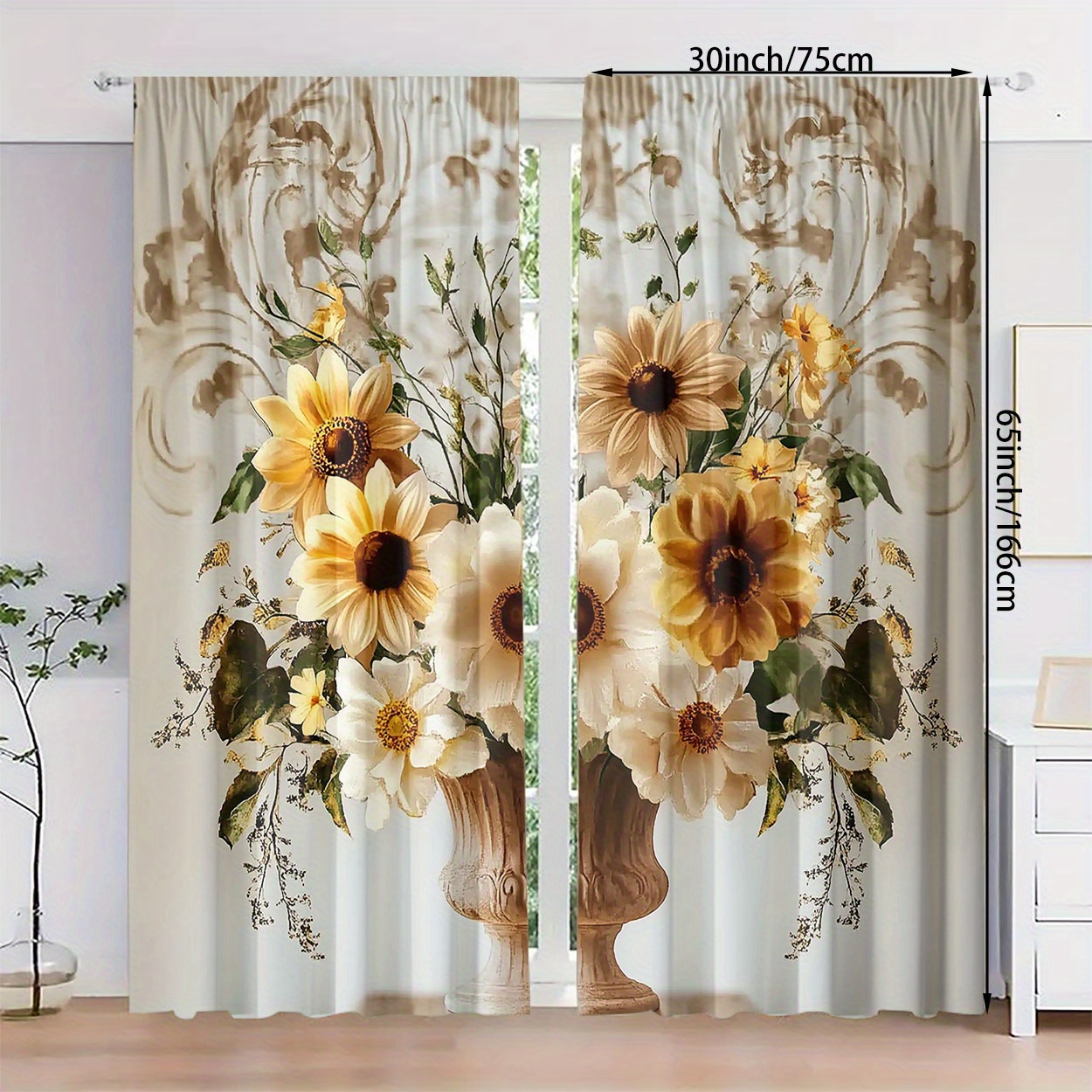 TEMU 2pcs Set Vintage Print Light Curtains - Rod For Hanging, For Bedroom, Room, & Home Decor