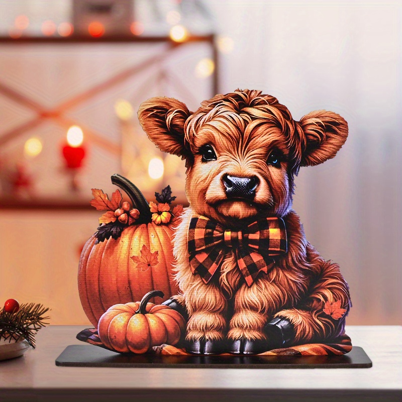 

Happy Fall Bowtie Cow & Pumpkin Wooden Desktop Ornament, 1pc - English Language Thanksgiving Decor, Tabletop Wood Sign For Home & Holiday Party Decorations, Multipurpose Art Craft Plaque