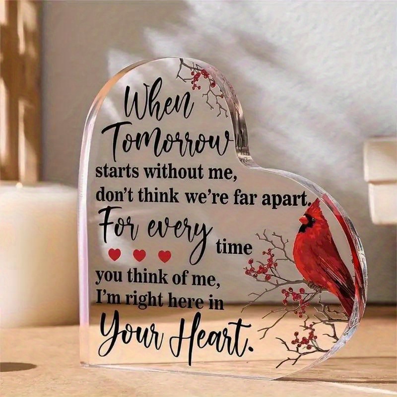 

1pc Acrylic Heart-shaped Memorial Plaque With Red Bird, Inspirational Quote For Loss Of Loved One, Sympathy Gift, Home & Office Decor, Festive Christmas Ornament, No Power Needed, Craft Display