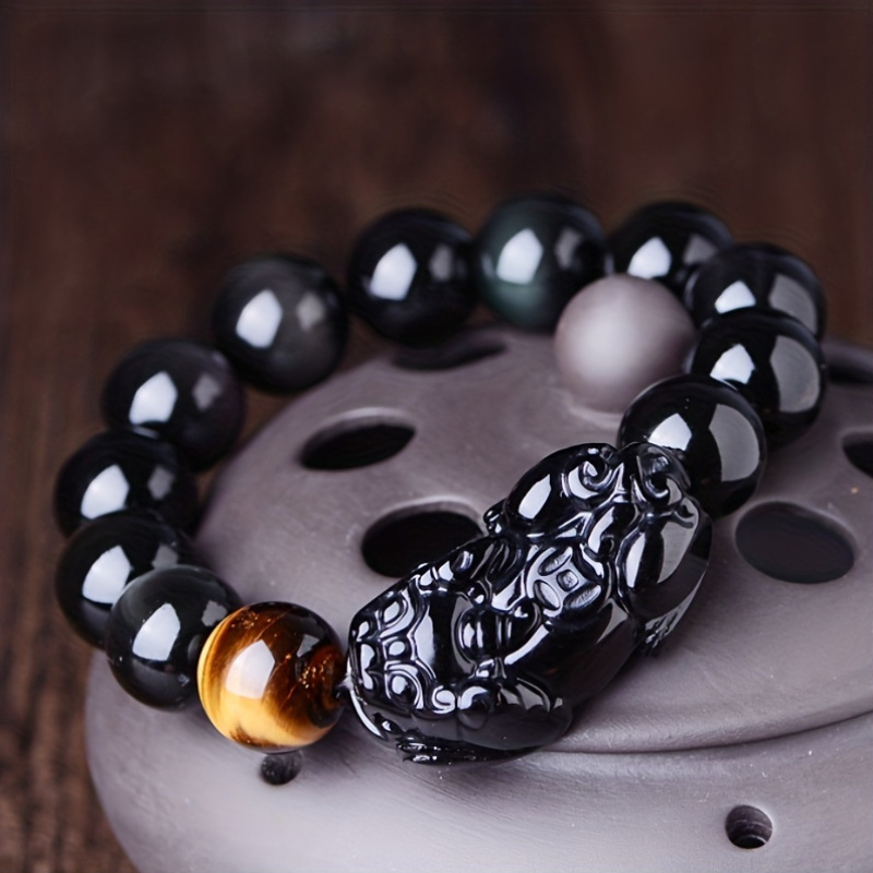 

1pc Black Wealth Bracelet - Feng Shui Pixiu Charm For Unisex - Stretch Bangle With Tiger - Money, Good Luck & - Style For Everyday Wear