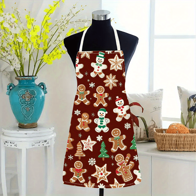 

1pc Christmas Gingerbread For Man & Print Linen Apron - , Sleeveless Kitchen Wear For Cooking And Baking