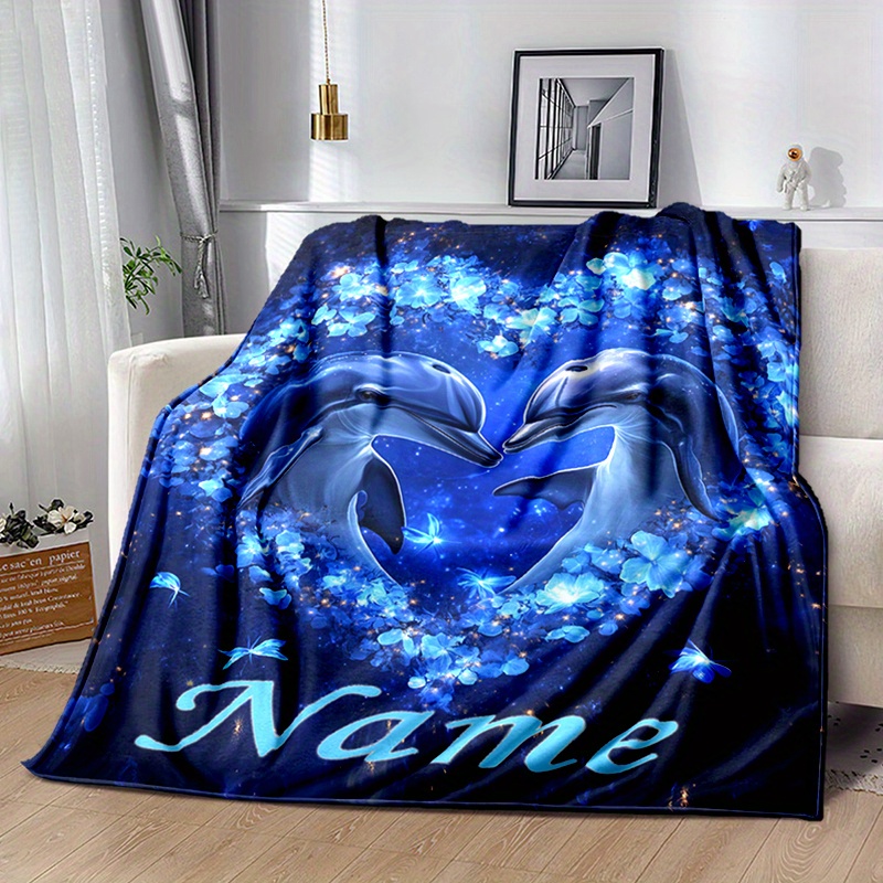 

Custom Dolphin Love Heart Printed Polyester Blanket With Personalized Name - Soft Warm Memory-keepsake Throw For Naps, Camping, Travel - Ideal Gift For Family, Friends, Classmates