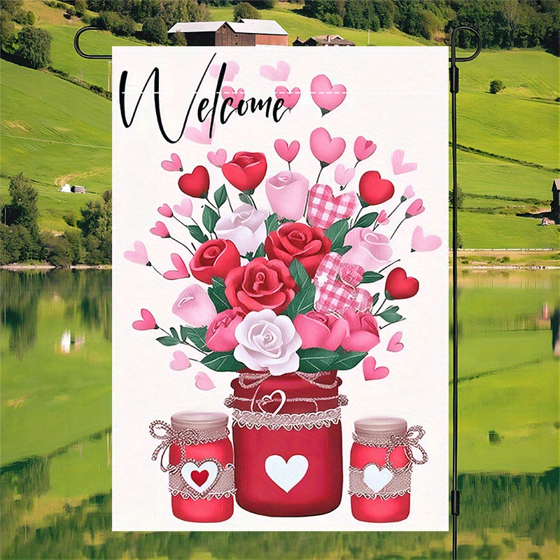 

Welcome Garden Flag - 1pc, Double-sided, Valentine's Day & Hearts Design, Durable Polyester Burlap, Fade Resistant, Machine Washable, No Electricity Needed, 12x18 Inch