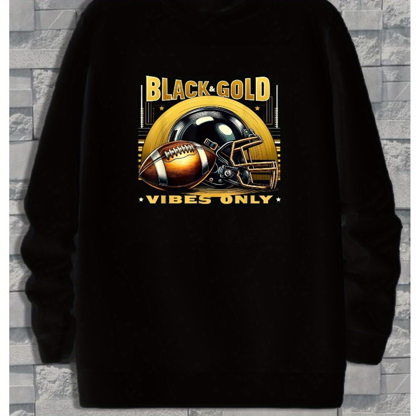 

Black & Gold Funny Tournament Football Cozy Pullover Sweater, Casual Long Sleeve Crew Neck Sweater